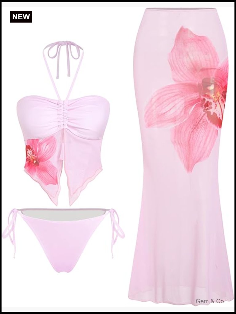 3 Piece Bikini Set With Cover Up Skirt Halter Bandeau Swimsuit